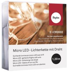 Micro LED-Lichterkette mit Draht. Länge 1,20 m. Für den Innenbereich. Verpackung zeigt warme Lichttöne auf Holzuntergrund.