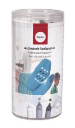 Transparente Verpackung mit Antirutsch Sockenstop. Abgebildete Socken in Blau mit rutschfester Unterseite.