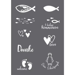 Weißes Design auf grauem Hintergrund. Enthält Fische, Herzen, Fußabdrücke, und eine Figur. Texte: 'Danke', '1. heilige Kommunion', 'Love', 'welcome', 'Dein Schutzengel'.