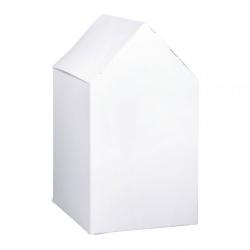 Weiße Verpackung in Form eines Hauses. Schlichte, glatte Oberfläche ohne Aufdruck.