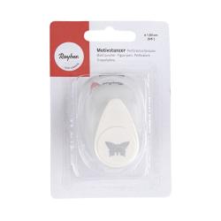 Grauer Papierlocher in Form eines Schmetterlings. Kompakt und handlich. Oberseite mit Schmetterlingssymbol.