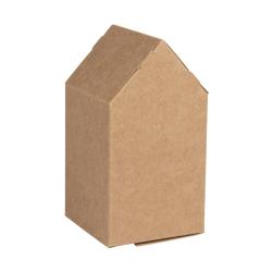 Braune Pappschachtel in Form eines Hauses. Die Oberseite hat eine spitze Dachform.