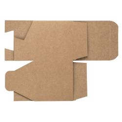 Braune, quadratische Pappbox mit geschlossener Oberseite. Keine weiteren Beschriftungen oder Muster.
