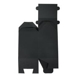 schwarze Pappbox in Form eines Hauses. Spitzdach, einfache geometrische Form. Keine weiteren Verzierungen.
