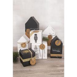 schwarze Pappbox in Form eines Hauses. Spitzdach, einfache geometrische Form. Keine weiteren Verzierungen.