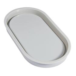 ovale, graue Schale. Flacher Rand, glatte Oberfläche. Ideal für Snacks oder kleine Gegenstände.