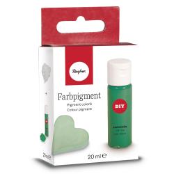 Grüner Farb-Pigment in einer transparenten Flasche. Verpackung mit rotem und weißem Design. 20 ml Inhalt. Herzförmige grüne Probe auf der Verpackung.