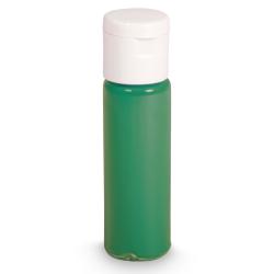 Grüner Farb-Pigment in einer transparenten Flasche. Verpackung mit rotem und weißem Design. 20 ml Inhalt. Herzförmige grüne Probe auf der Verpackung.
