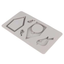 Silikonform mit verschiedenen Motiven. Enthält Vögel und Etiketten in unterschiedlichen Formen.