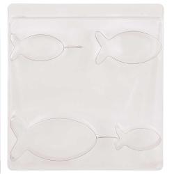 Silikonform mit vier Fischmotiven in verschiedenen Größen. Die Form ist grau und hat eine glatte Oberfläche.