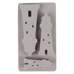 Silikonform mit drei Leuchtturm-Designs. Die Form ist grau und hat verschiedene Details.