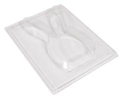 Durchsichtige Backform in Form eines Hasen. Flache Unterlage mit erhobenen Ohren.