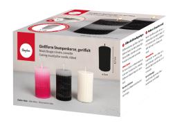 Verpackung für eine Gießform für Stumpenkerzen. Drei Kerzen in verschiedenen Farben sind abgebildet.