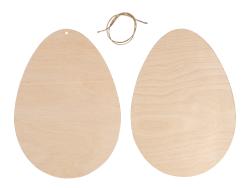 Zwei ovale Holzplatten in Eiform. Eine Schnur zum Aufhängen ist ebenfalls vorhanden.