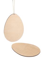 Zwei ovale Holzplatten in Eiform. Eine Schnur zum Aufhängen ist ebenfalls vorhanden.