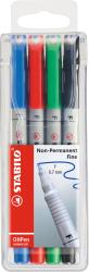 Set von vier Filzstiften in den Farben Blau, Rot, Grün und Schwarz. Die Stifte haben eine feine Spitze von 0,7 mm.