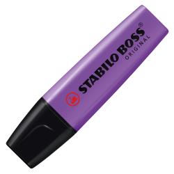 lila Textmarker mit schwarzem Kappenverschluss. Die Spitze ist schmal und abgerundet. Auf der Seite steht 'STABILO BOSS ORIGINAL'.