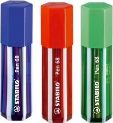 Drei Stabilo Pen 68 Stifte in verschiedenen Farben: blau, rot und grün. Die Stifte haben eine hexagonale Form.