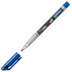 blauer Permanentmarker mit mittlerer Spitze. Der Körper ist silberfarben mit schwarzer Schrift.