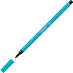 blauer Filzstift mit schwarzem Deckel. Langer, schlanker Körper. Schriftzug 'STABILO Pen 68' auf der Seite.