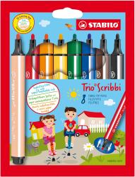 Packung mit 8 Filzstiften in verschiedenen Farben. Indistruktible Spitze, waschbare Tinte. Illustrationen von Kindern, die auf Fahrrädern fahren, und eine Katze.