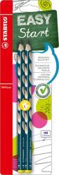 Packung mit zwei dreikantigen Bleistiften in blauer Farbe. Ergonomisches Design zur Verbesserung der Handschrift.