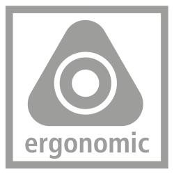 Graues Logo in Form eines Dreiecks mit einem Kreis in der Mitte. Darunter steht das Wort 'ergonomic'.