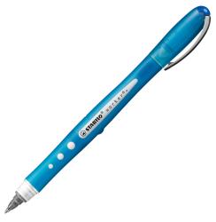 blauer Stift mit Kappe und feiner Spitze. Ergonomisches Design mit runder Form.