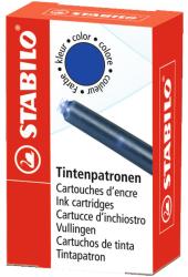 Packung mit blauen Tintenpatronen. Mehrsprachige Beschriftung auf rotem Hintergrund.