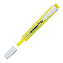 Gelber Textmarker mit abgerundeter Spitze. Kappe ist abgenommen.