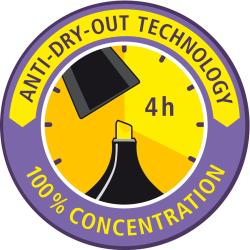 Rundes Logo mit gelbem Hintergrund. Hinweis auf Anti-Dry-Out-Technologie und 4 Stunden Konzentration.