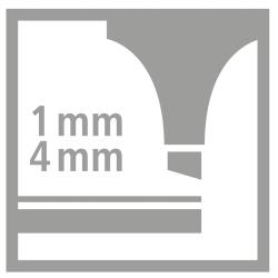Grafik mit zwei Maßangaben: 1 mm und 4 mm. Darstellung einer Form mit abgerundeten Kanten.