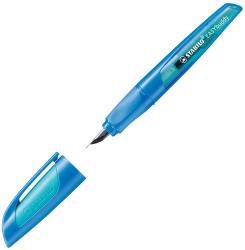 blauer Textmarker mit abgerundetem Design. Der Deckel ist transparent und zeigt die Tintenfarbe.