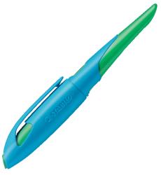 blauer Textmarker mit grünem Deckel. Ergonomisches Design mit Clip.