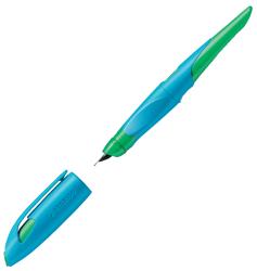 blauer Textmarker mit grünem Deckel. Ergonomisches Design mit Clip.