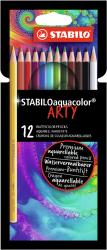 Packung mit 12 Aquarellfarbstiften in verschiedenen Farben. Auf der Verpackung bunte spiralförmige Muster.
