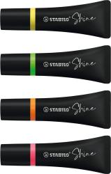 Set von Stabilo Shine Textmarkern. Vier Marker in verschiedenen Farben: Gelb, Grün, Orange, Pink. Verpackung mit buntem, grafischem Muster.