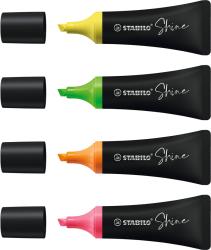 Set von Stabilo Shine Textmarkern. Vier Marker in verschiedenen Farben: Gelb, Grün, Orange, Pink. Verpackung mit buntem, grafischem Muster.