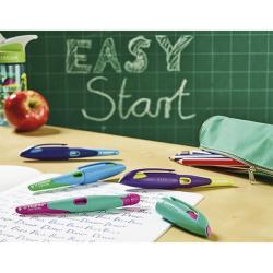 Set mit einem lila und beigen Füller, einem roten und blauen Tintenpatrone. Verpackung zeigt eine Tafel mit 'EASY Start'.