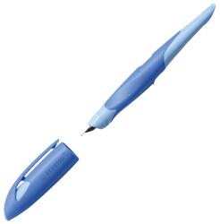 blauer Textmarker mit ergonomischem Design. Die Kappe ist hellblau und der Körper dunkelblau.