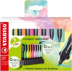 Set mit 8 Stabilo Green Boss Textmarkern. Farben: grün, orange, pink, lila, blau, schwarz. Verpackung aus recyceltem Material. Markierungen von 2 mm Breite.