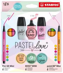 Set mit 18 Schreib- und Zeichenutensilien in Pastellfarben. Enthält Marker und Fineliner mit verschiedenen Spitzen.