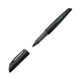 schwarzer Stift mit ergonomischem Design. Der Stift hat eine Kappe und eine glatte Oberfläche.