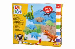 Verpackung mit buntem Sandspielzeug. Enthält verschiedene Dinosaurierfiguren und farbigen Sand.