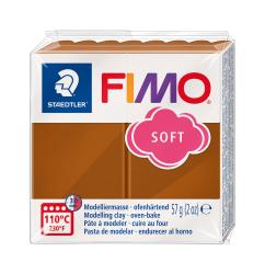 FIMO Soft Modelliermasse in brauner Farbe. Verpackung mit Logo und Temperaturangabe.