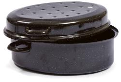 Schwarze, ovale Bratpfanne mit Deckel und Löchern. Glänzende Oberfläche mit weißen Sprenkeln.