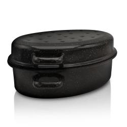 Schwarze, ovale Bratpfanne mit Deckel und Löchern. Glänzende Oberfläche mit weißen Sprenkeln.