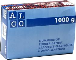 Blaue Verpackung mit Aufschrift 'ALCO'. Inhalt: 1000 g Gummiringe. Mehrsprachige Beschriftung: Gummiringe, Rubber Bands, Bracelets Élastiques, Gomas Elásticas.