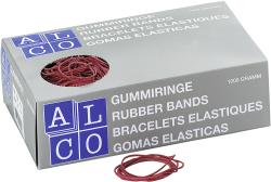 Graue Verpackung mit roten Gummiringen. Auf der Box stehen verschiedene Sprachen für 'Gummiringe'.