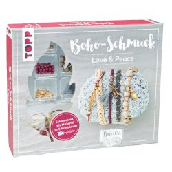 Schmuckset mit Materialien für fünf Armbänder. Verpackung zeigt bunte Perlen und verschiedene Schmuckelemente.